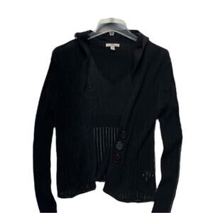 SO Black Cropped Sheer Ribbed Hoodie Cardigan Juniors Large Y2K 90s Button Front